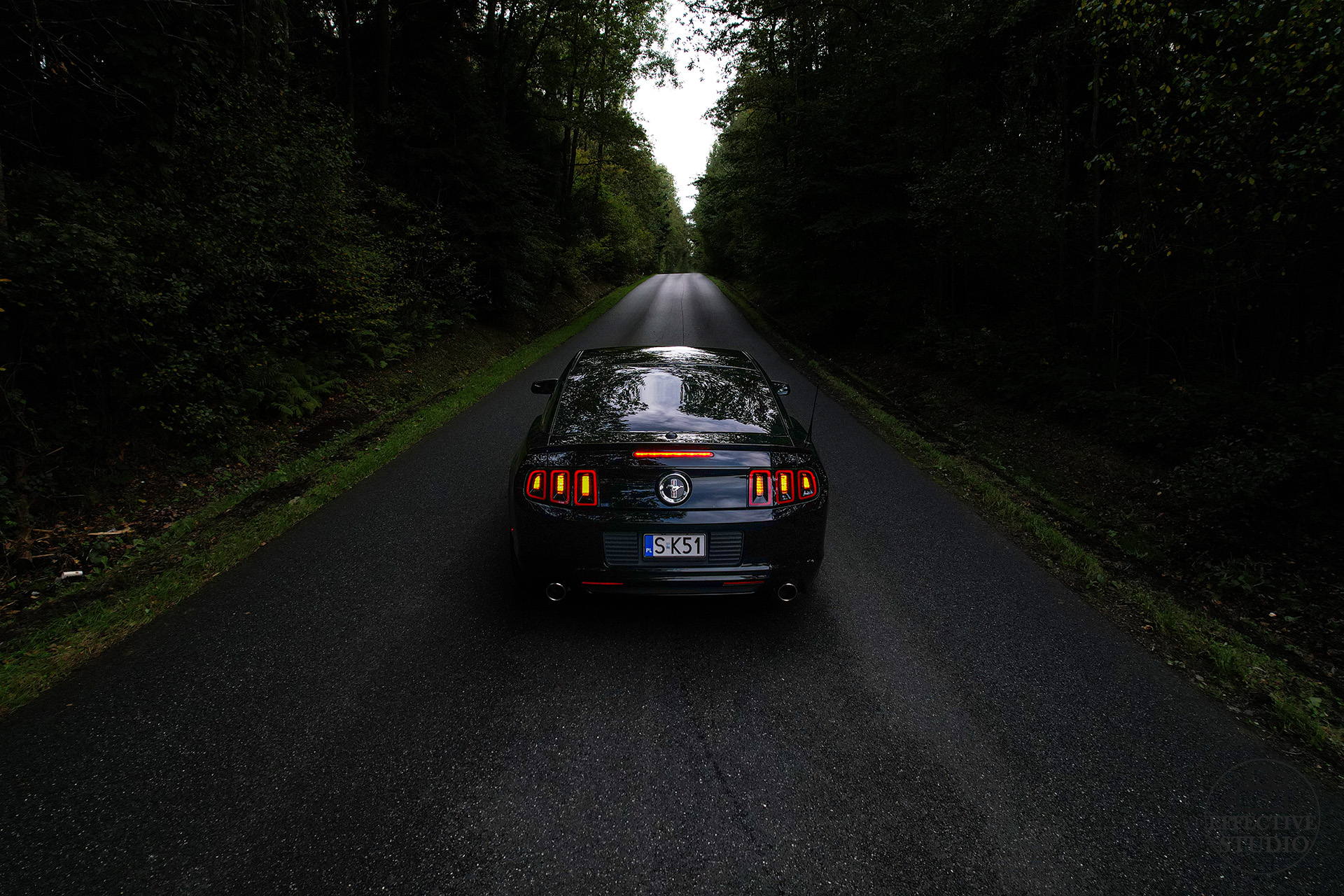 Ford Mustang w lesie dron